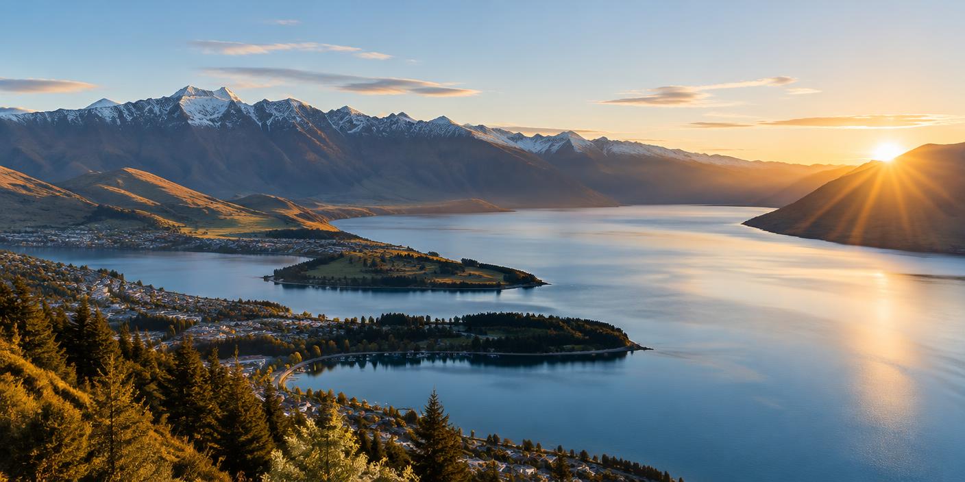 Lake Wakatipu and the Southern Alps at sunrise